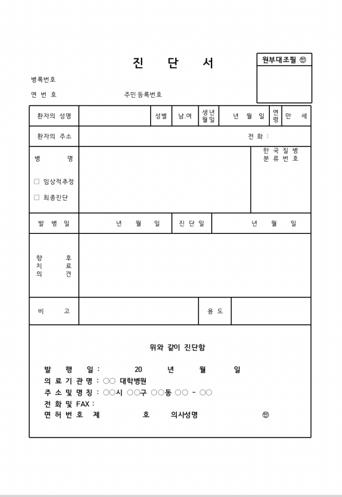 병원 진단서 양식 미리 보기 이미지입니다.